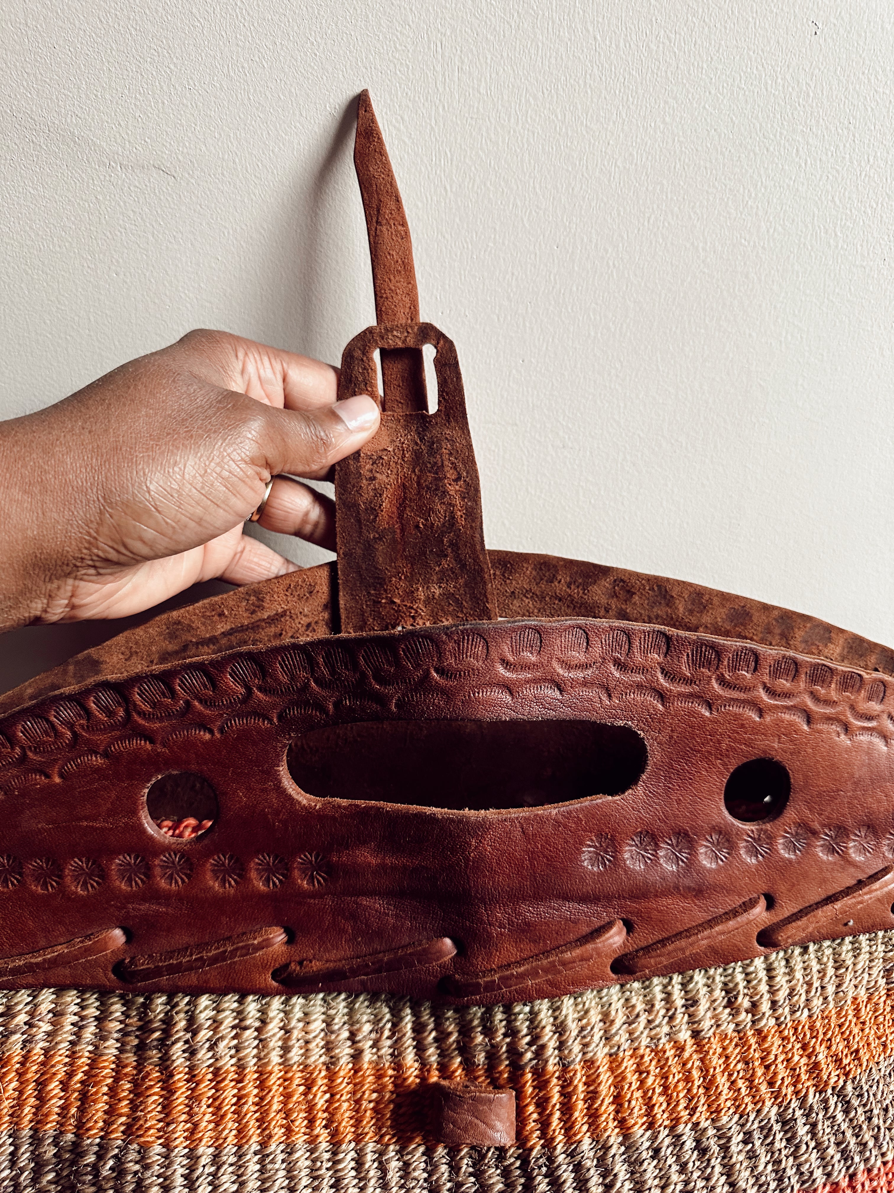 Vintage Jute + Leather Striped Satchel (1970&