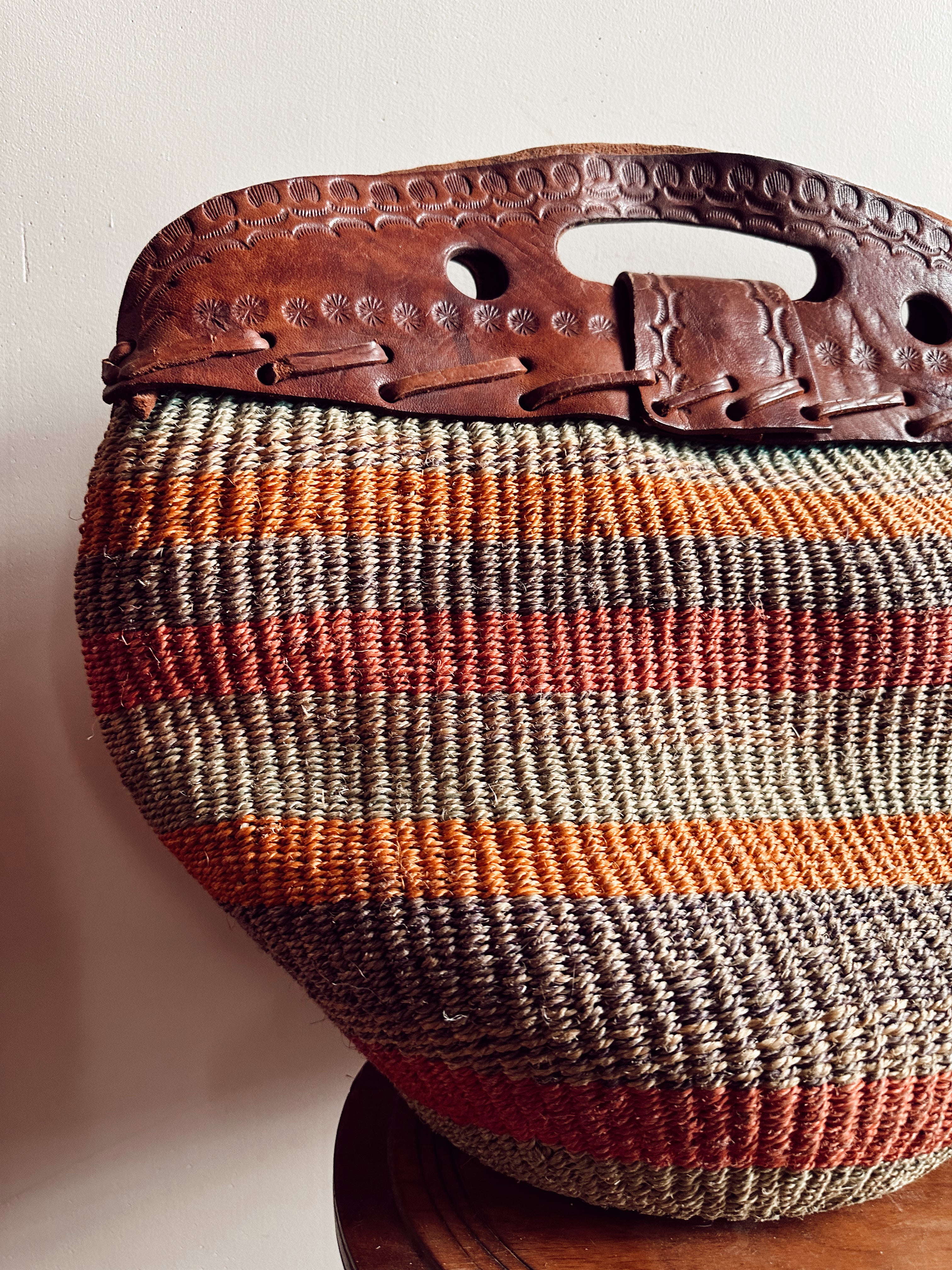 Vintage Jute + Leather Striped Satchel (1970&