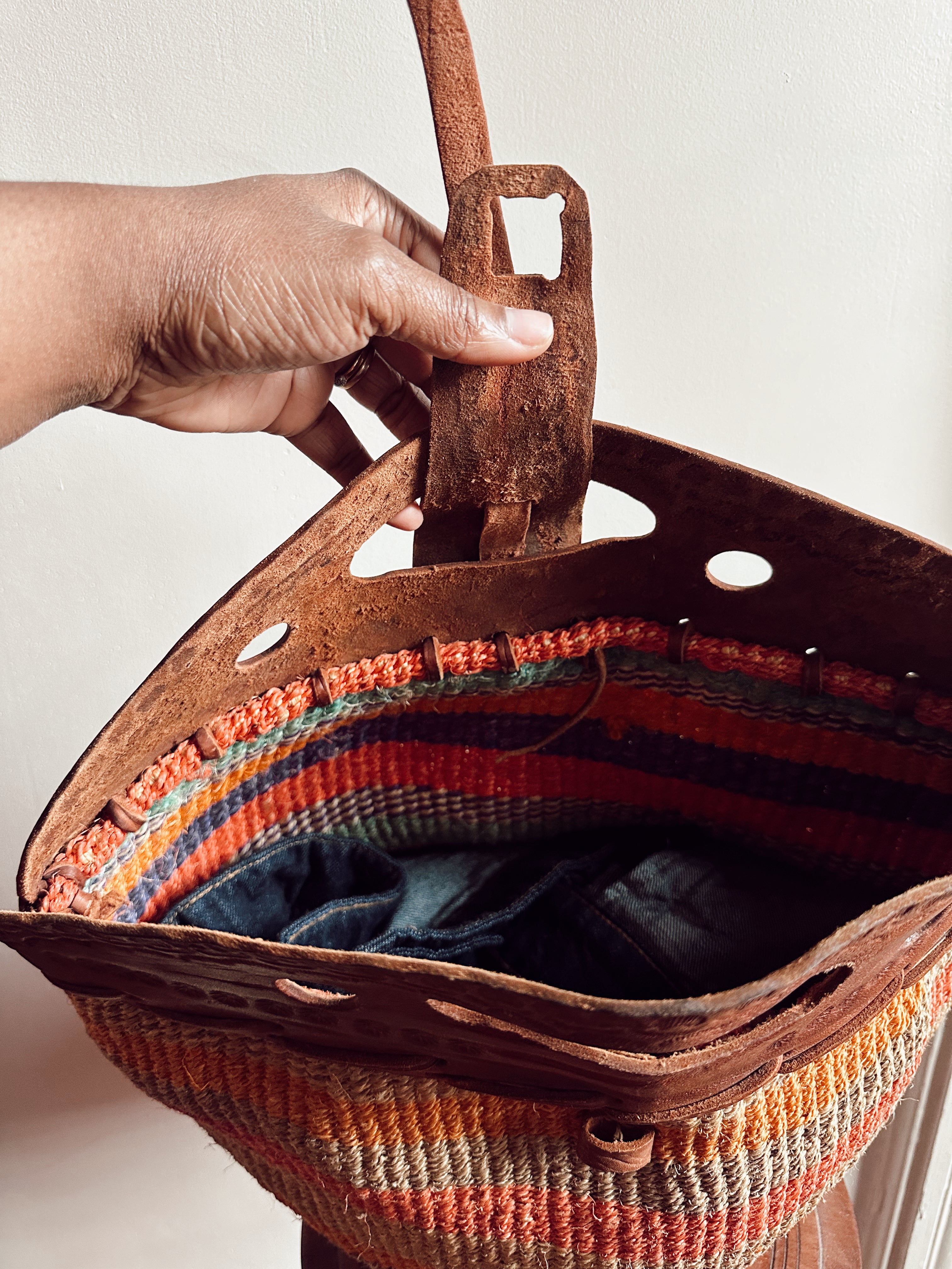 Vintage Jute + Leather Striped Satchel (1970&