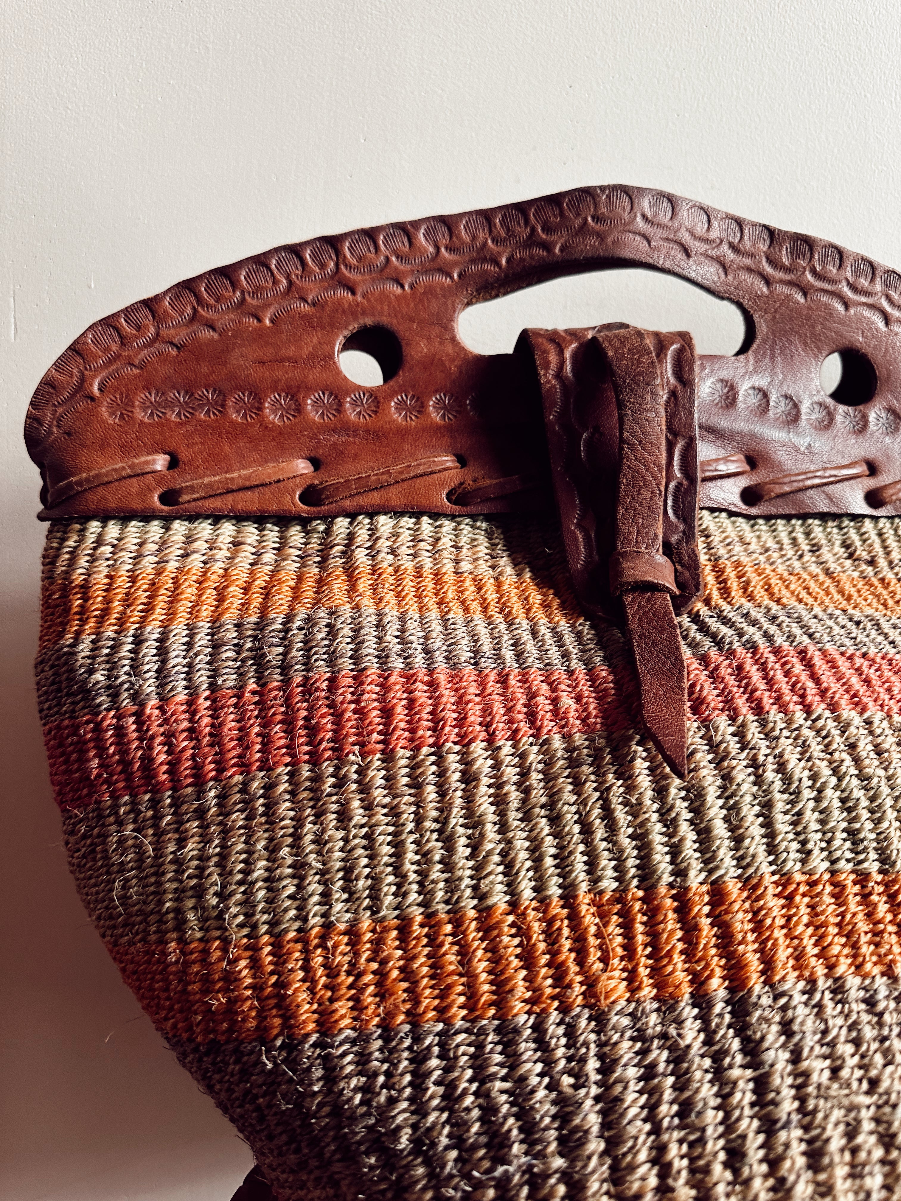 Vintage Jute + Leather Striped Satchel (1970&