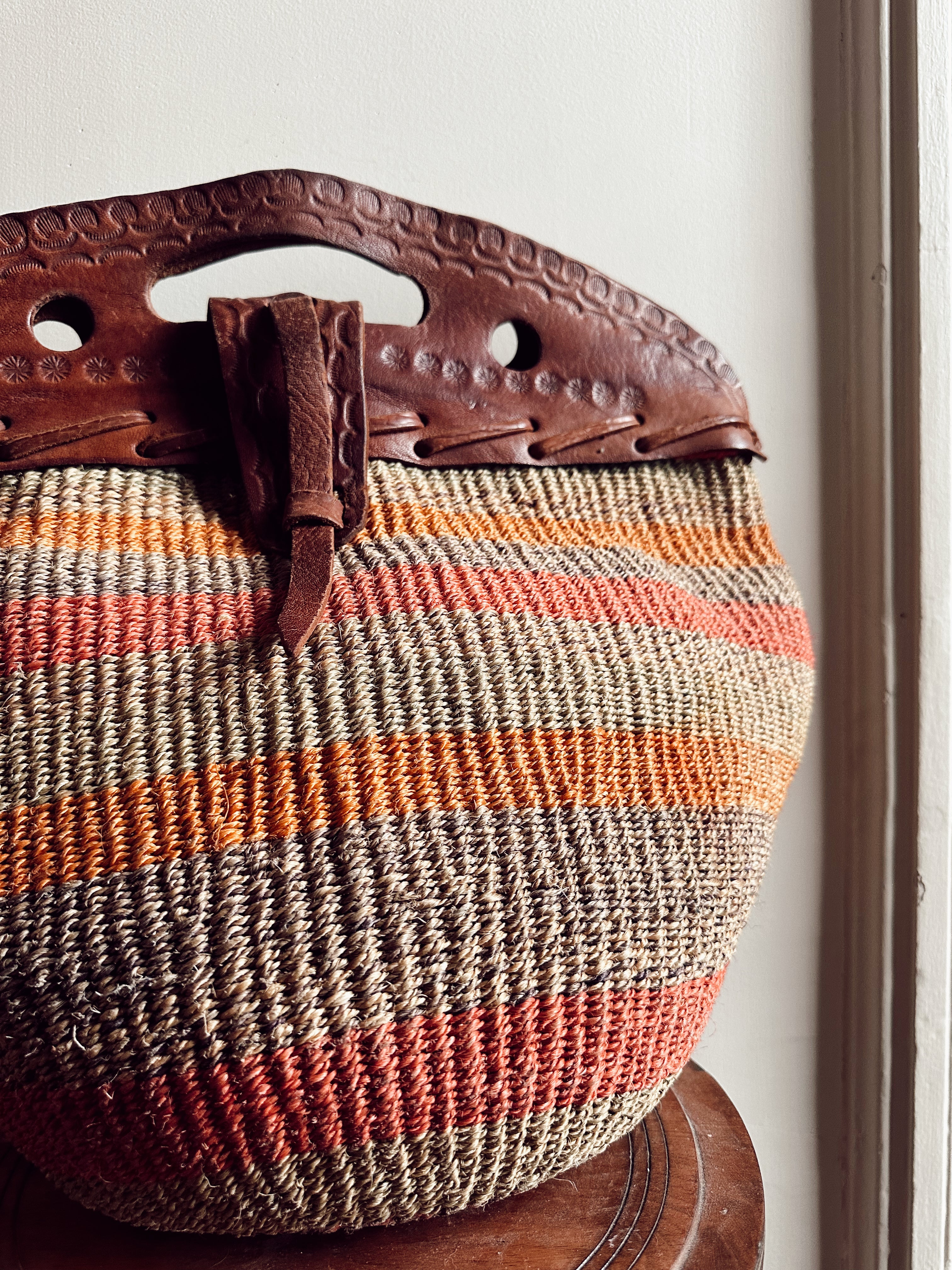 Vintage Jute + Leather Striped Satchel (1970&