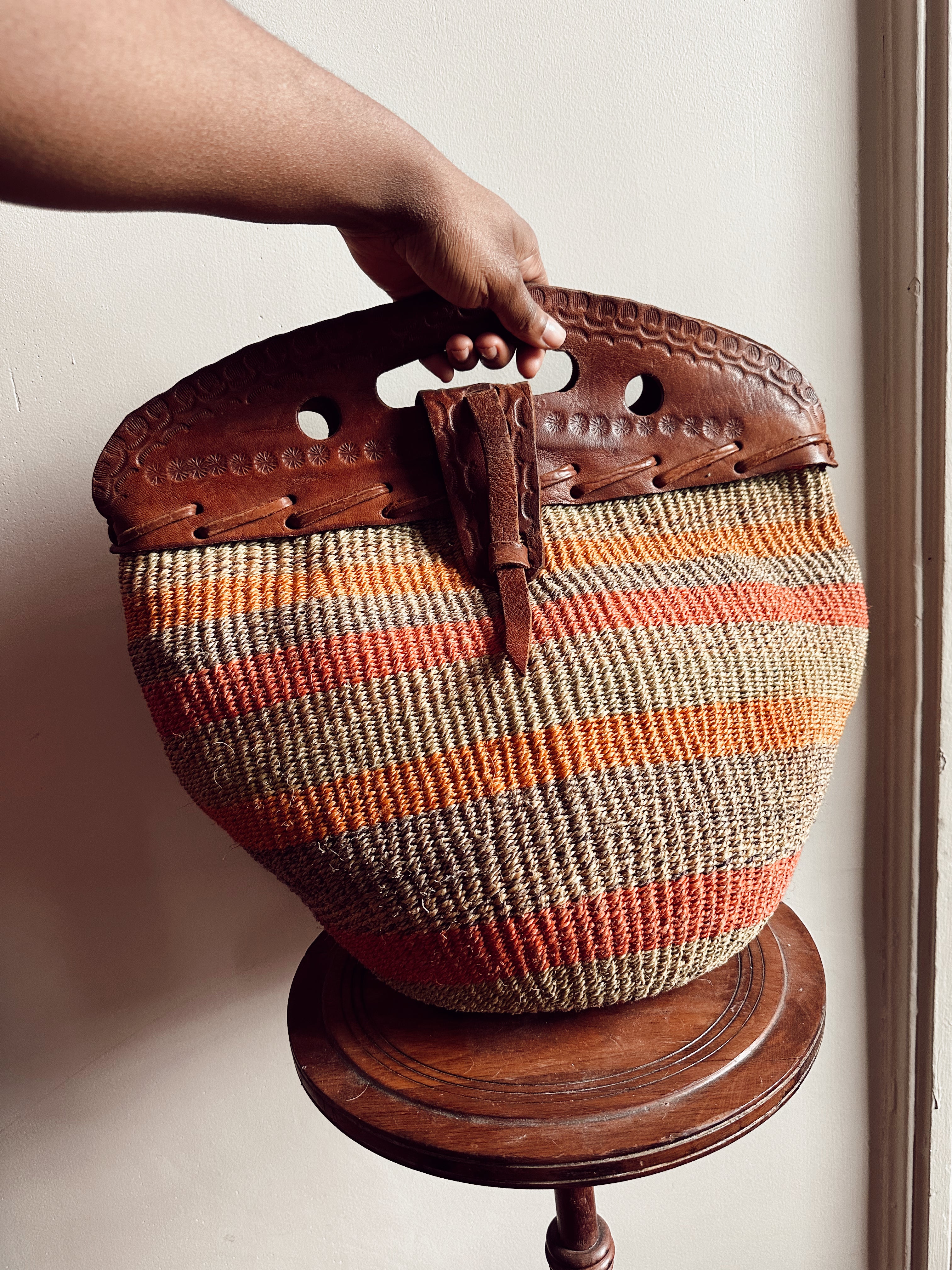 Vintage Jute + Leather Striped Satchel (1970&