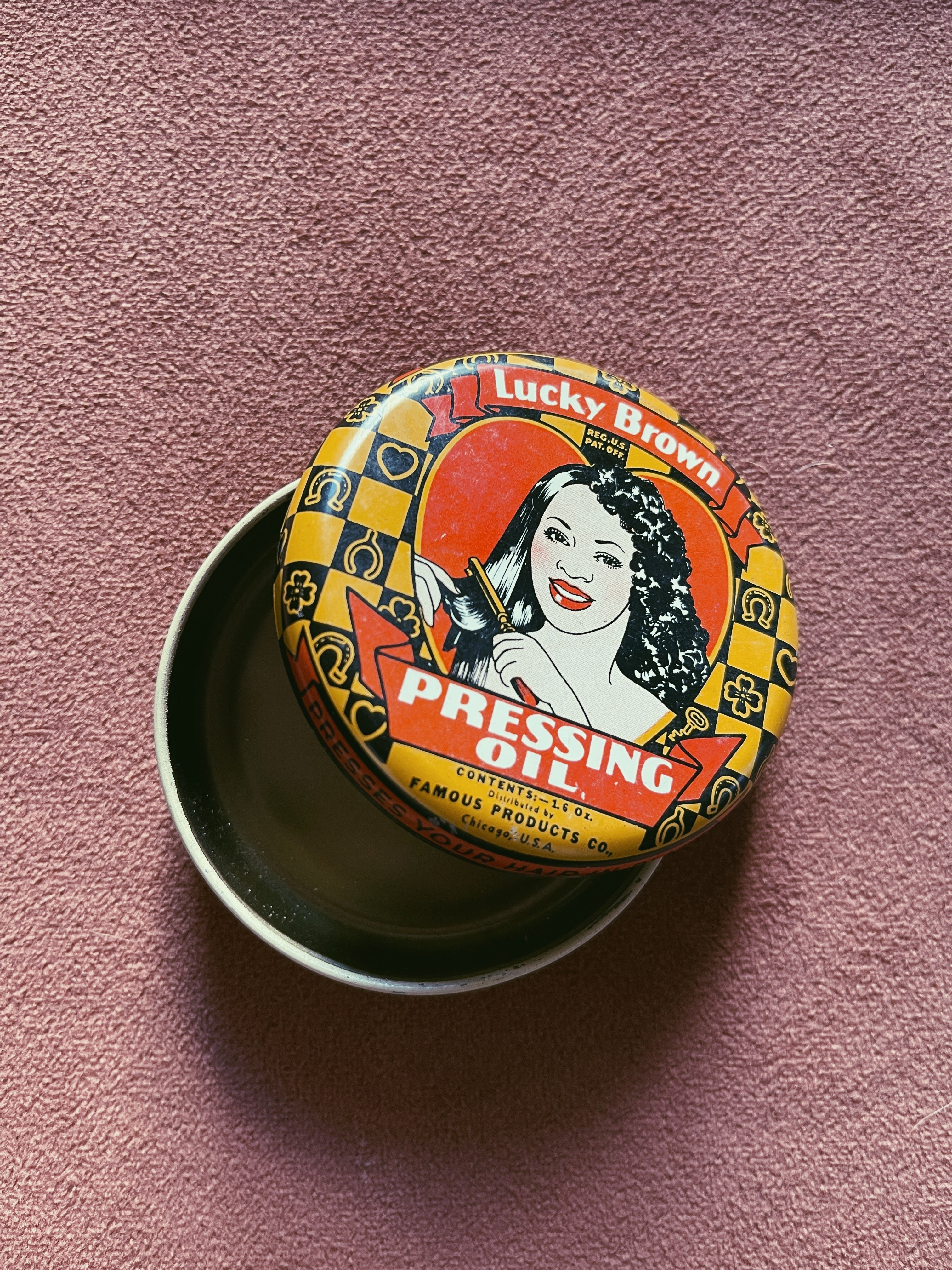Vintage Lucky Brown Pressing Oil Tin (1938)