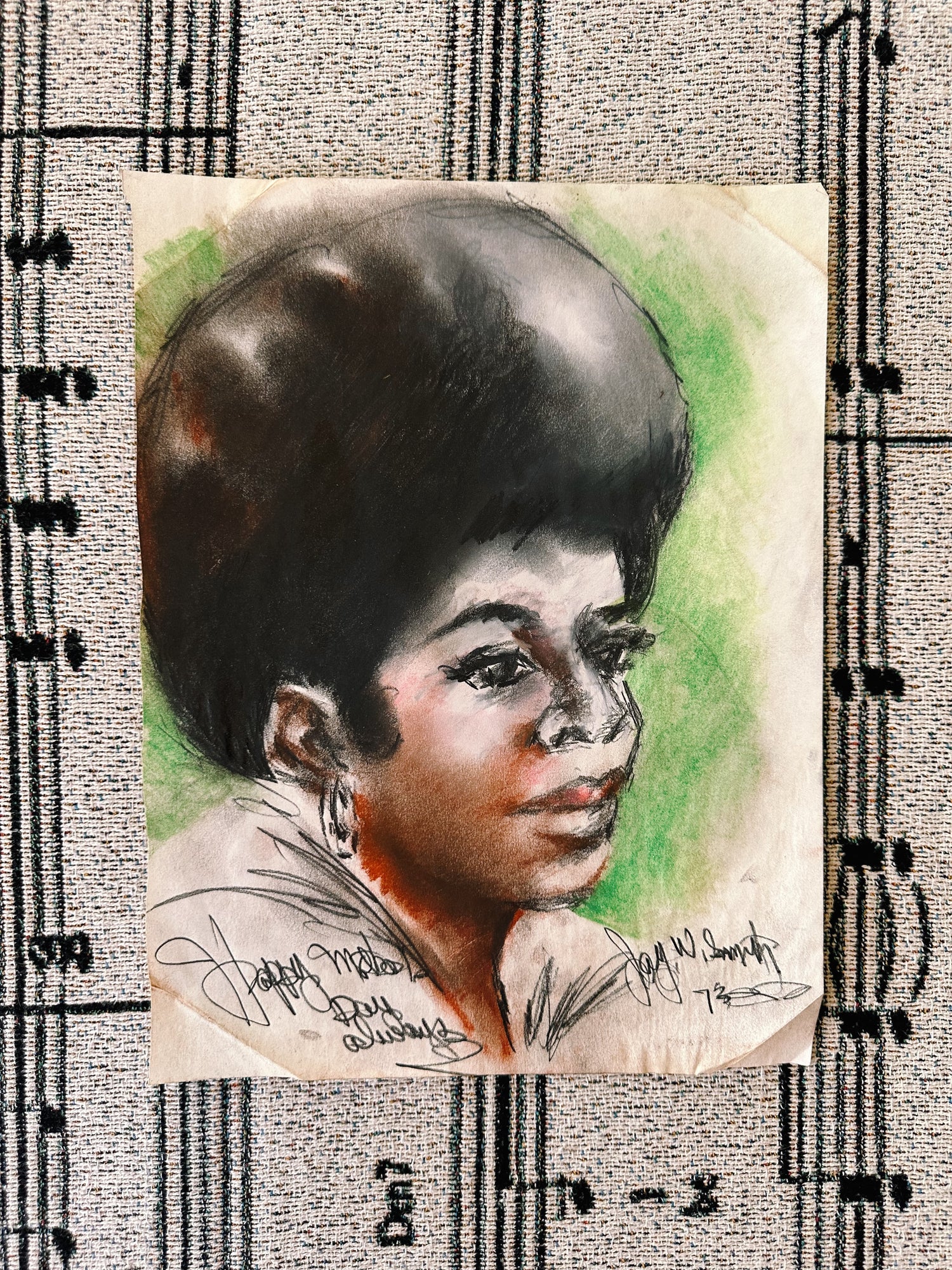 Vintage Signed Charcoal Portrait of Black Woman (1973)