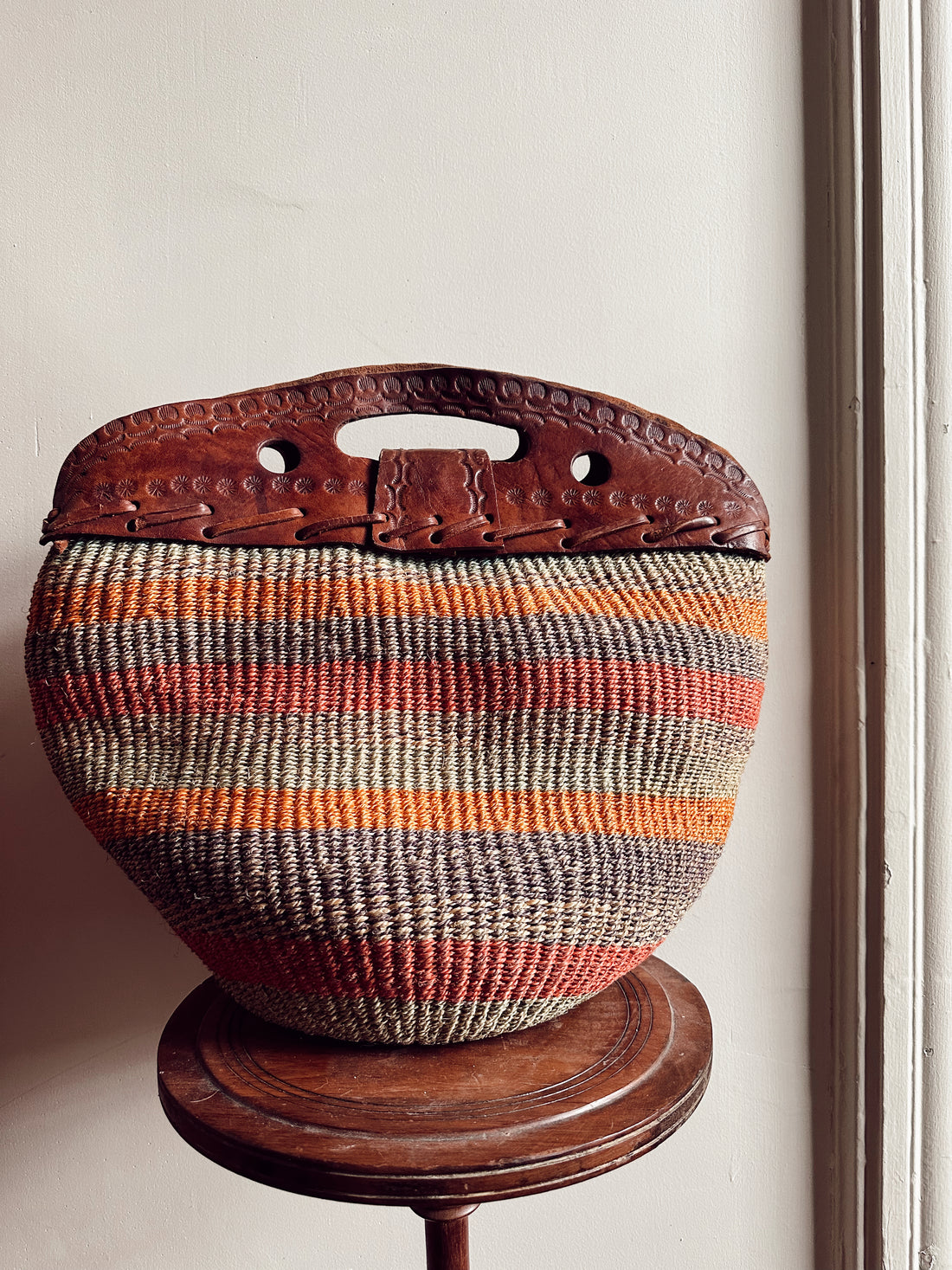 Vintage Jute + Leather Striped Satchel (1970&