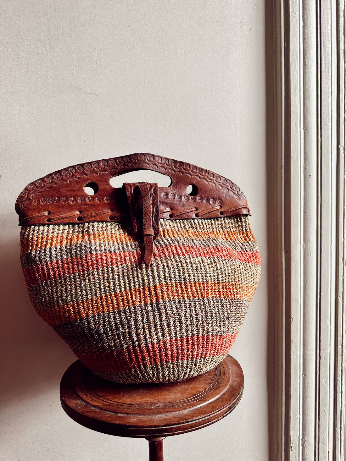 Vintage Jute + Leather Striped Satchel (1970&