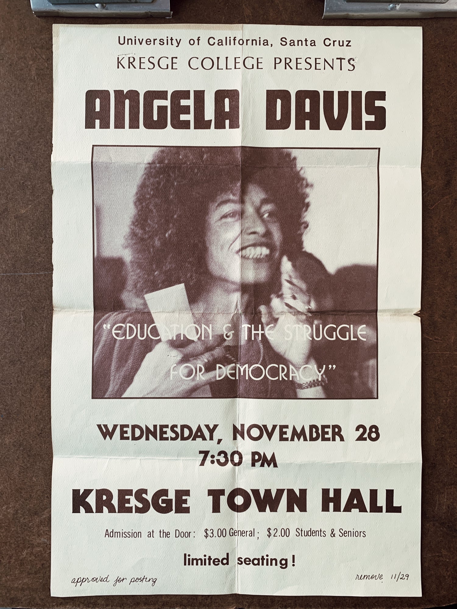 Vintage Angela Davis UC Santa Cruz Speech Poster (1970&